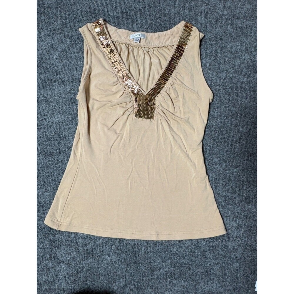 Vintage Cache top Womens Small Beige Sequins Rayon Blend Sleveles Style 20269